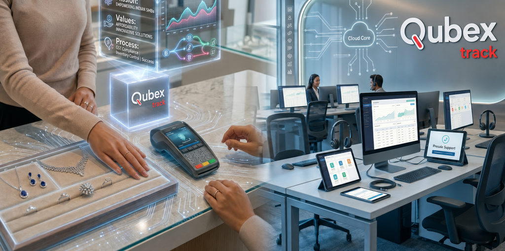 Cloud-based QubexTrack for Indian SMEs — jewellery retail billing, desktop analytics, tablet POS and mobile support