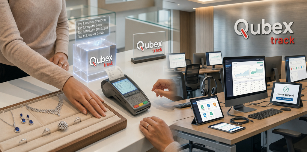 QubexTrack for jewellery, restaurant, hotel and retail — in-store billing and cloud analytics with dedicated support