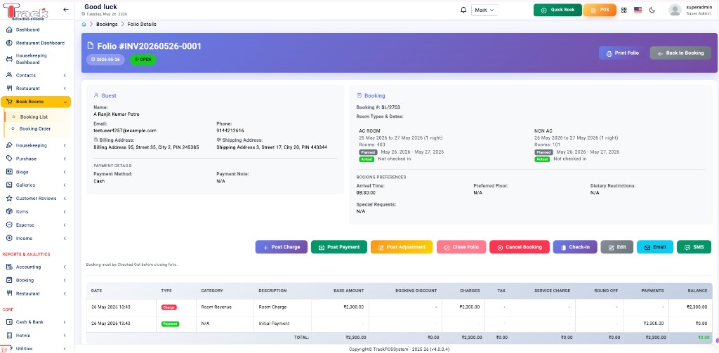 QubexTrack customer service — folio and transaction history
